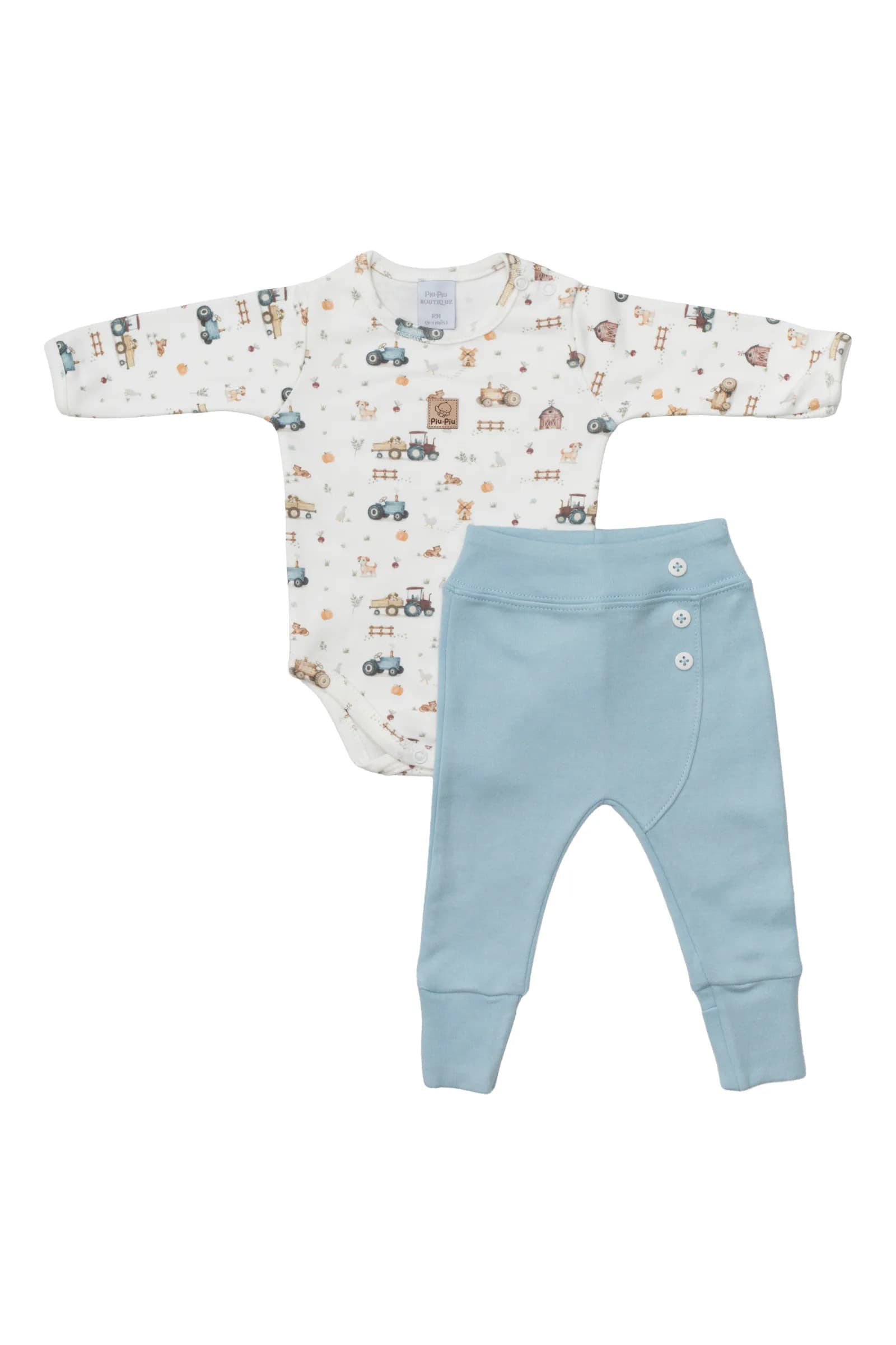 Conjunto body manga longa com estampa de fazenda e calça azul em suedine